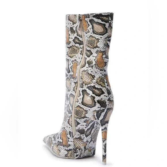 AZALEA WANG Beige Snake Print Cocktail High Heel Boots - Picture 4 of 6